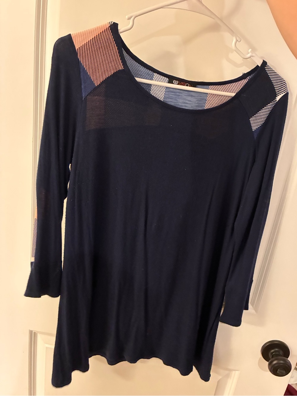 Women's Navy Long-Sleeve Tunic Top with Patterned Shoulders
